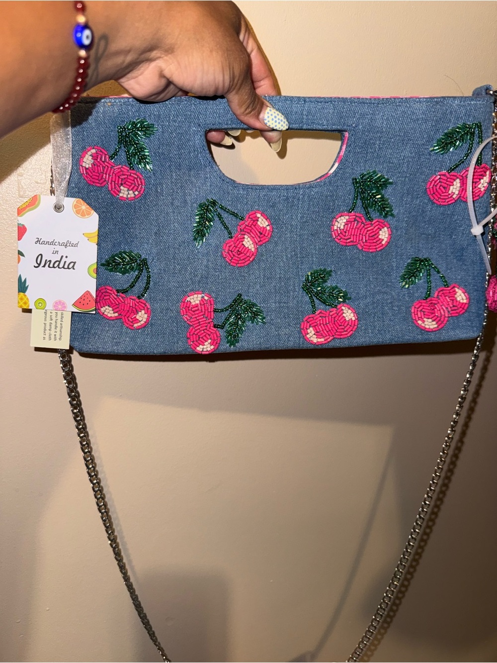 Handcrafted in India Cherry Embroidered Denim Crossbody Bag - Blue Pink